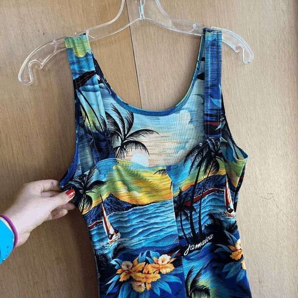 Y2K Jamaica Tropical Sunset Dress M/L – Mesh Knit Bodycon Luau Cover-Up - Picture 3 of 6